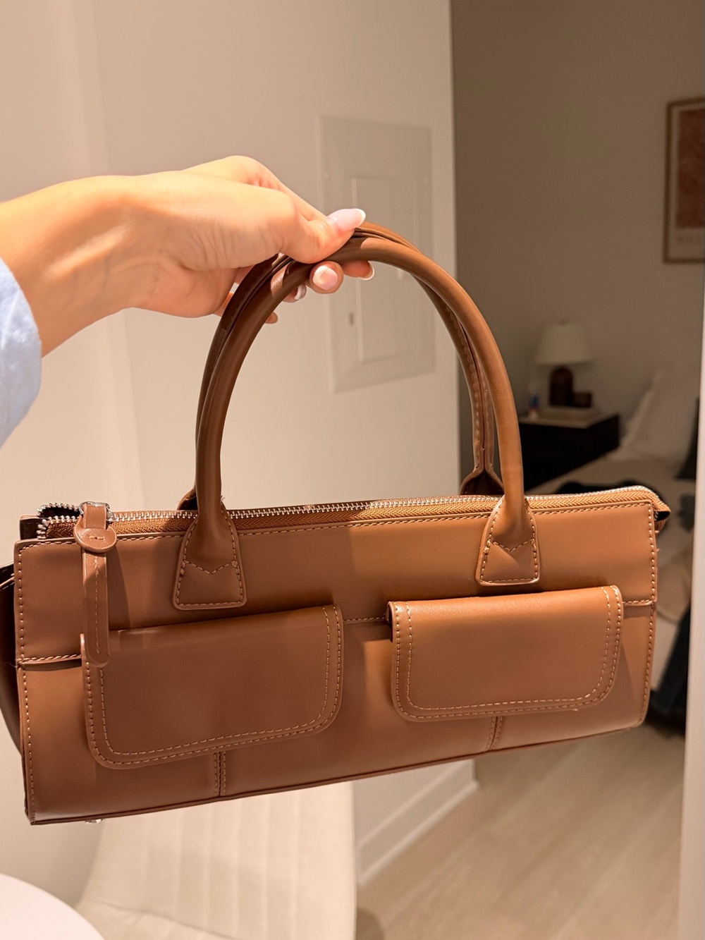 Sleek Tan Double-Pocket  Handbag